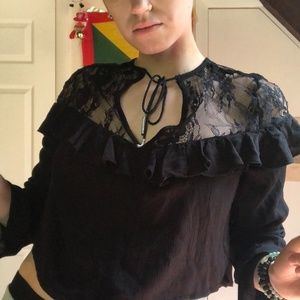 American Eagle Outfitters Black Lace Shirt with Ruffles